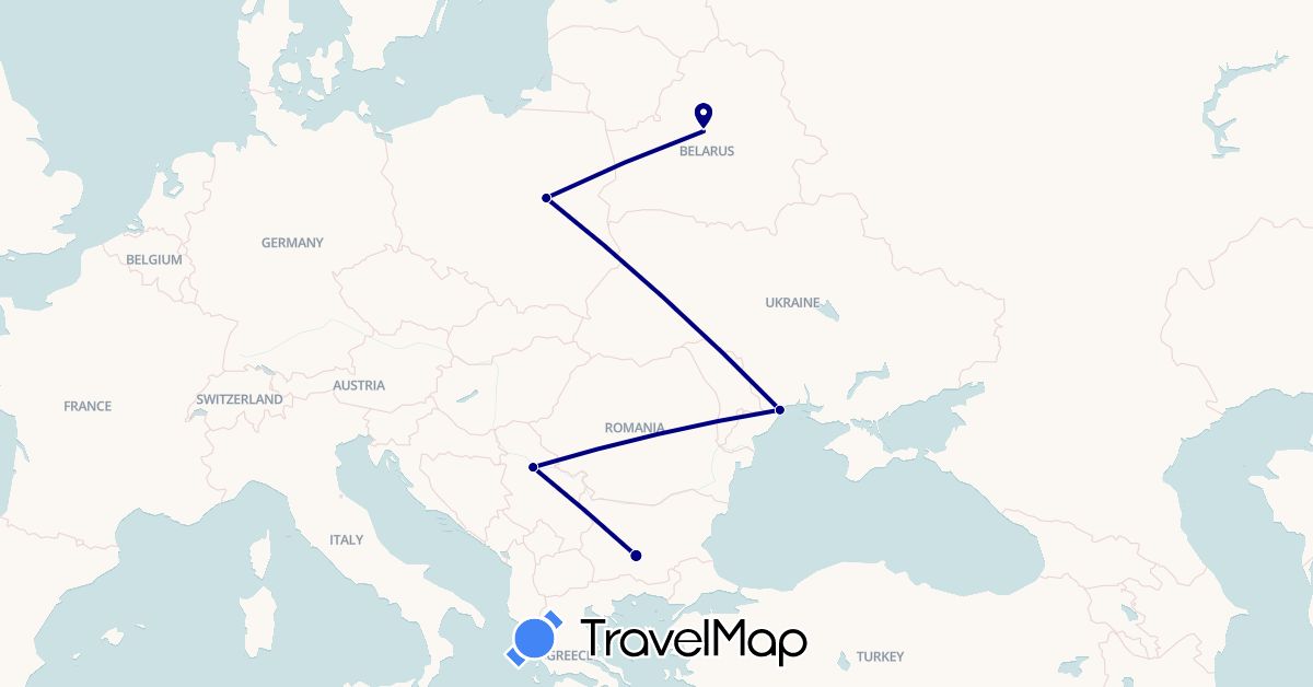 TravelMap itinerary: driving in Bulgaria, Belarus, Poland, Serbia, Ukraine (Europe)